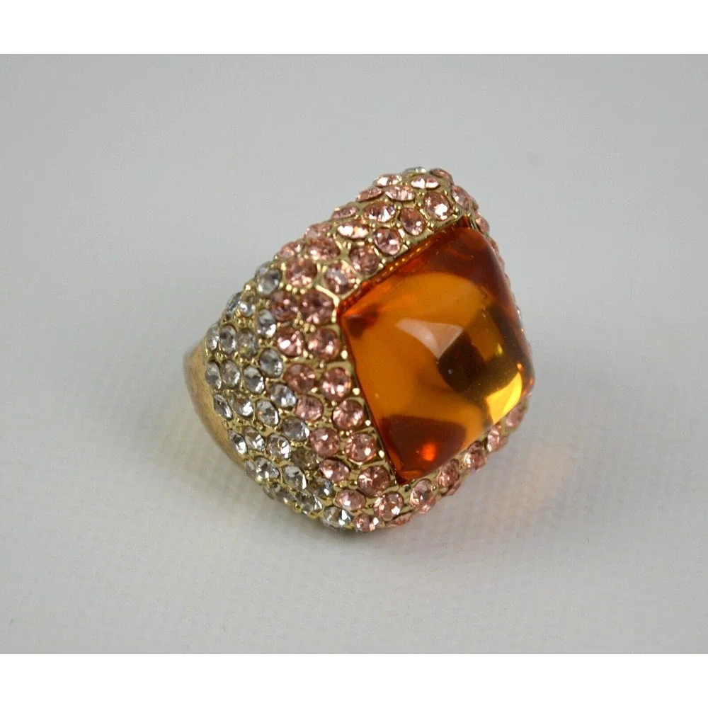 Gold Tone Ring with Yellow Glass Stone Surrounded‎ by Rhinestones Size 8